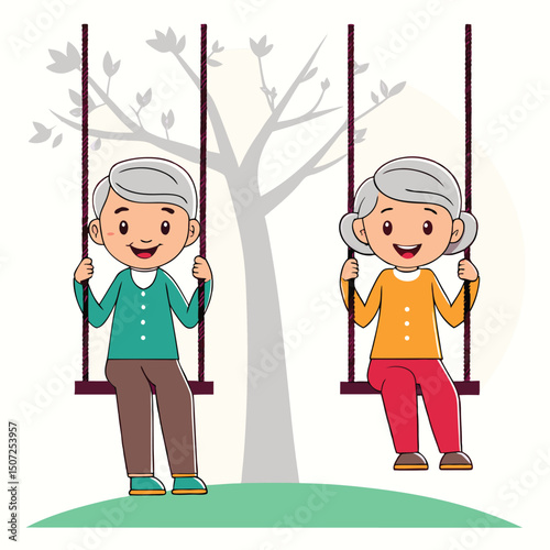 Cartoon elderly couple enjoying on swings in a park happy grandparents illustration.