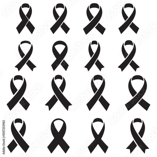 Breast cancer awareness Ribbon Icons Black White Pink Support Charity, Breast cancer awareness Ribbon Icons Set Black and White Line Art, 