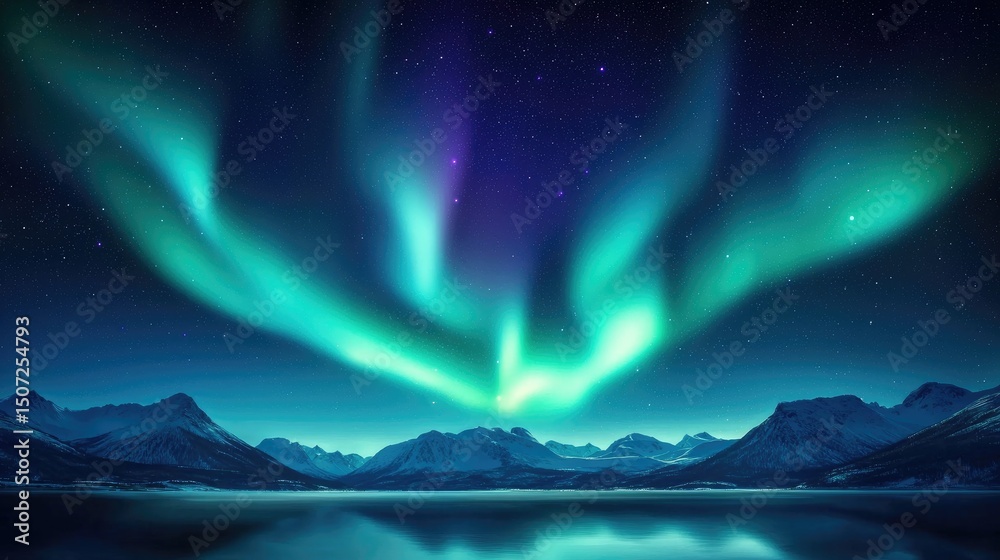 Fototapeta premium Majestic Northern Lights Over Snowy Mountains in Night Sky