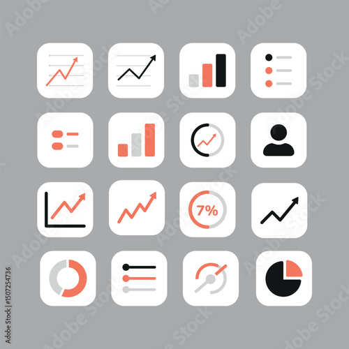 Collection of Business Graph and Chart Icon Designs in Minimalist Style.