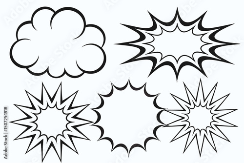 Comic Book Style Black and White Vector Set: Speech Bubbles, Explosion Effect Outlines, Communication and Action Elements.                            