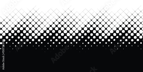 Vector halftone background with smooth diamond-shaped dots transitioning from white to black. Abstract metaball style fade design.