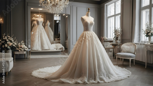 ivory princess wedding dress in an empty room of a wedding salon on a mannequin, hangers with other wedding dresses around, expensive luxurious interior in gray, wedding accessories on the shelves.