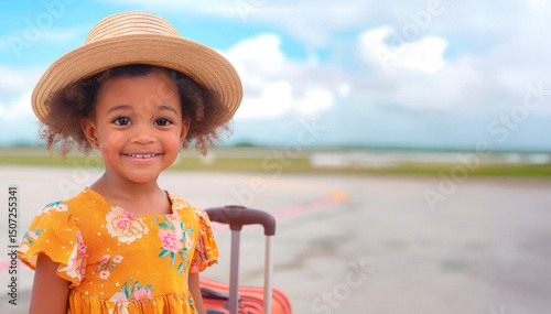 Little black afro girl in summer straw hat and bright yellow dress with suitcase standing on runway getting ready to board plane. Travel with kids tourist banner with copy space