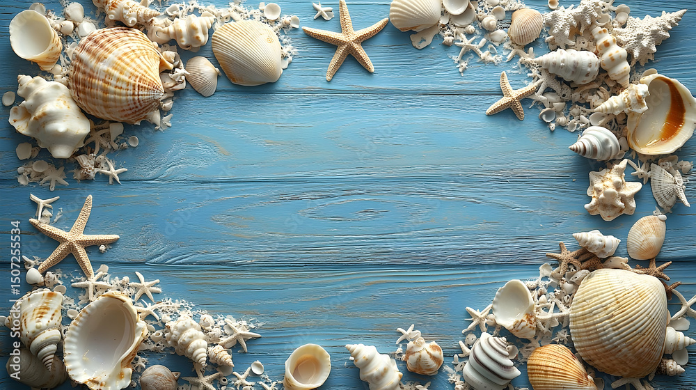 Obraz premium Decorative arrangement of seashells and starfish on a light blue wooden background.