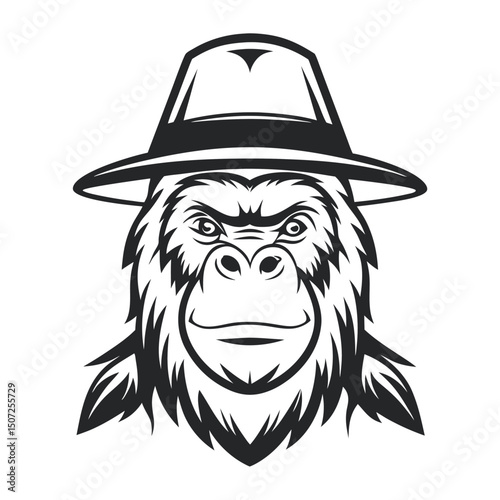 Stylized Gorilla Face with Fedora Hat in Black and White Vector Illustration                                                                          