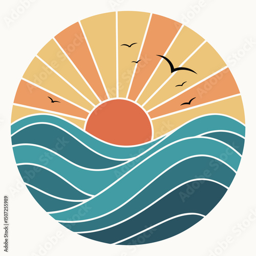 Circular ocean sunset artwork with birds flying in sky illustration.