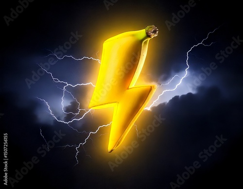 A banana shaped like a lightning bolt against a stormy sky. Ideal for energy, power, and potassium concepts. photo