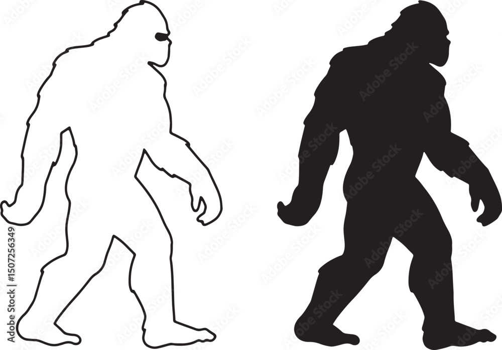 Fototapeta premium Bigfoot Silhouettes Outline and Solid Black Illustrations of the Legendary Creature