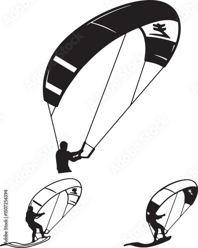 Kitesurfing Silhouettes Action Water Sports Illustrations