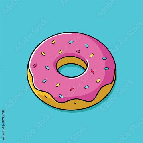 Cartoon Donut with Pink Icing and Sprinkles on Light Blue Background, Ideal for Food Illustrations and Dessert Concepts.                              