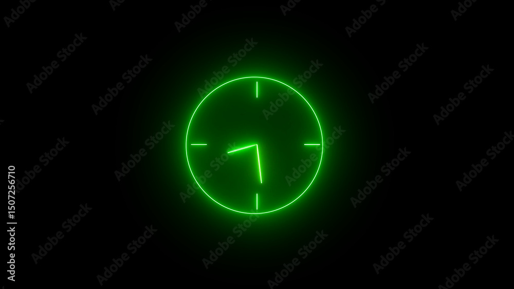 Glowing Green Neon Clock on Black Background Displaying Half Past Six O Clock Time Glowing Green Neon Clock on Black Background Displaying Half Past Six O Clock Time