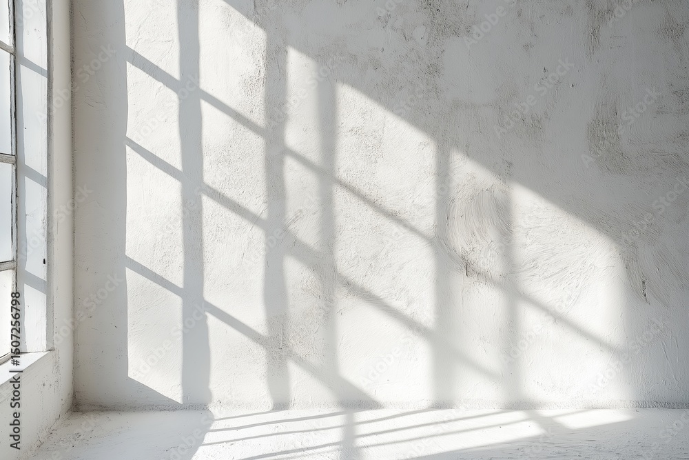 Obraz premium Bright, white room with large window, shadows on wall, showcasing wall insulation gap filling renovations. Concept of wall insulation gap filling enhances tranquility and calmness.