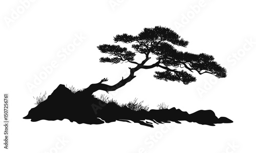 Rocky Forest Scene with Juniper Tree Silhouettes, canyon side dry terrain vector illustration, wild bushy tree clipart, hand drawn look, cutout, scenic forest element.