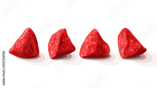 Close Up Studio Shot of Four Red Triangle Shaped Sugar Coated Candies on White Background