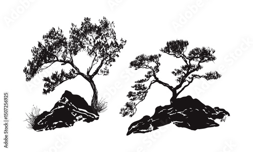 Canyon Side Juniper Tree Silhouettes, engraved dry terrain vector illustration, rocky forest scene clipart, bushy tree, cutout, nature graphics, wild landscape, rustic art.
