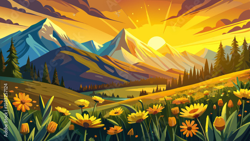 Golden sunlight bathes the alpine meadow as vibrant yellow wildflowers sway gently in the breeze at sunset, creating a serene and colorful vector scene of mountain beauty.