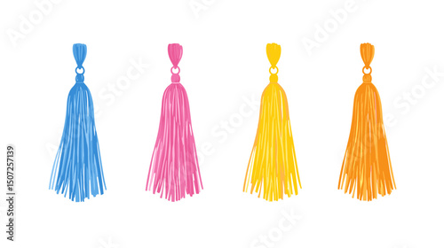 Collection of Colorful Decorative Tassels in Blue Pink Yellow and Orange Isolated on White Background