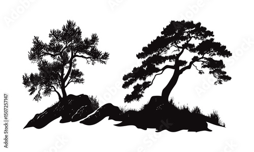 Bushy Juniper Tree on Canyon Side, engraved vector illustration, dry terrain clipart, rocky forest silhouettes, wilderness scene, nature element, forest vector, rustic background.