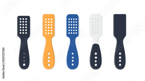Collection of Colorful Kitchen Utensils with Black Blue Orange and White Spatulas Arranged on a White Background