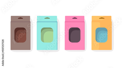 Collection of Four Colorful Product Boxes with Cutout Windows in Brown Teal Pink and Orange