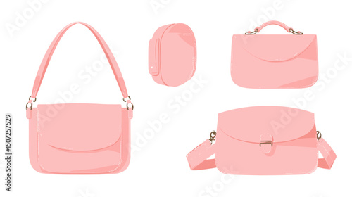 Collection of Four Different Light Pink Pixel Art Style Handbags Isolated on White Background