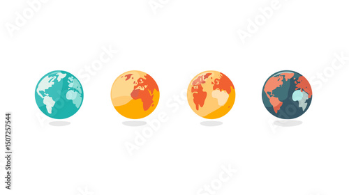Collection of Four Globes in Pixel Art Style with Earth Continents on White Background