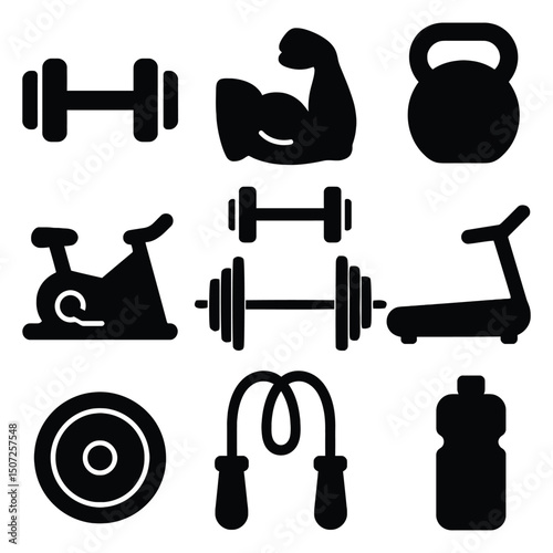 Fitness and Gym Icon Set – Dumbbell, Muscle, Kettlebell, Treadmill, Jump Rope, Water Bottle, Exercise Bike, and Weight Plate Silhouettes
