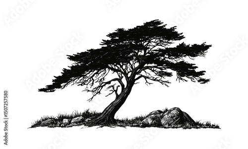 Natural Landscape Set, Cedar Tree, alpine forest, summer theme, engraving style, wild nature, nature design, evergreen forest, vector illustration, scenic outdoors, mountain nature.