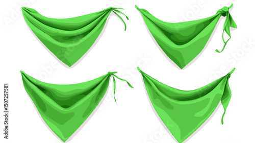 Collection of Four Green Bandanas Tied with Knots on a White Background