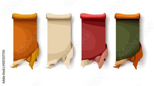 Collection of Four Torn Edge Scrolls with Different Color Palette on A White Background