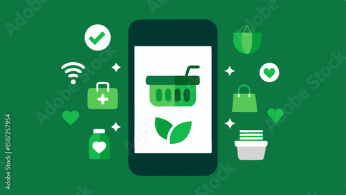 Digital Green Shopping A smartphone displaying an ecofriendly shopping app interface with greenthemed icons indicating different ecoproducts available for purchase.