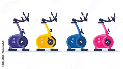 Collection of Pixel Art Stationary Exercise Bikes in Purple Yellow Blue and Pink on White Background