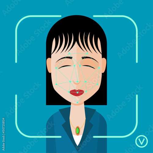 Facial Recognition Scan on East Asian Woman - Vector Illustration
