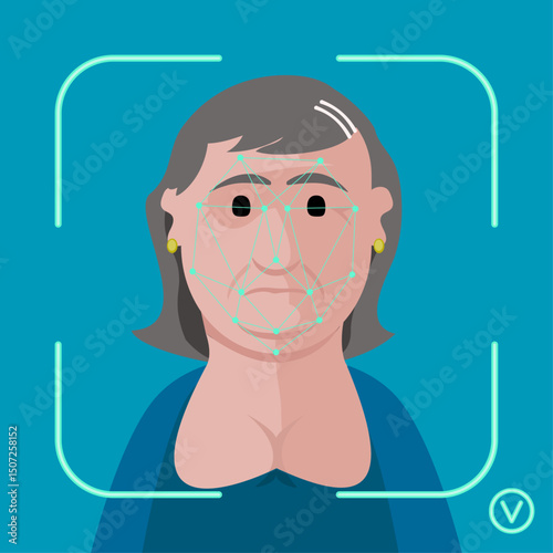 Facial Recognition Scan on Elderly Woman - Vector Illustration