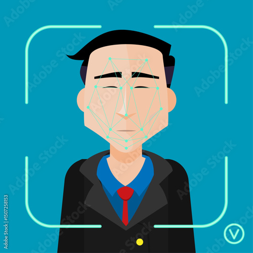 Facial Recognition Scan on East Asian Man - Vector Illustration
