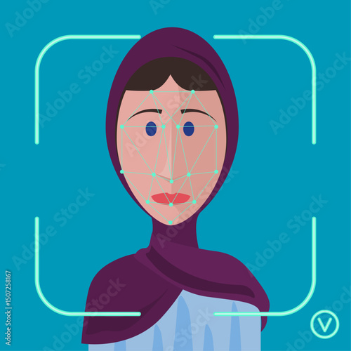 Facial Recognition Scan on Muslim Woman Wearing Hijab - Vector Illustration