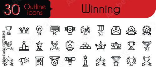 Winning achieving victoryA collection of editable stroke outline icons, depicted in a flat vector illustration style, are presented individually against a white background.