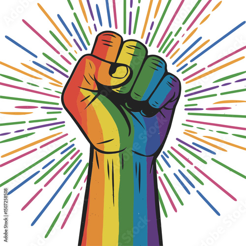 Fist of pride in rainbow color burst style representing empowerment freedom equality and pride month celebration