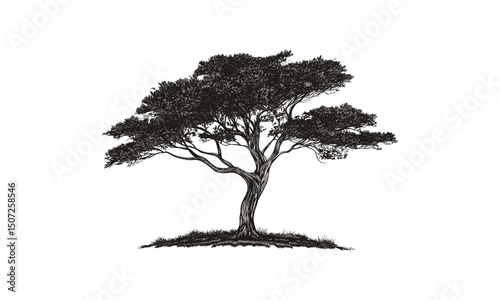 Subtropical summer theme, cedar tree vector, vintage tree, hand-drawn forest silhouette, organic design, natural environment, vector illustration, greenery, outdoor nature scene.