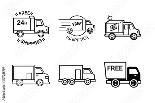 Set of six free shipping truck icons isolated on white background