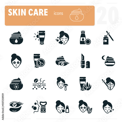Twenty skin care icons showing woman applying cream, serum or lotion