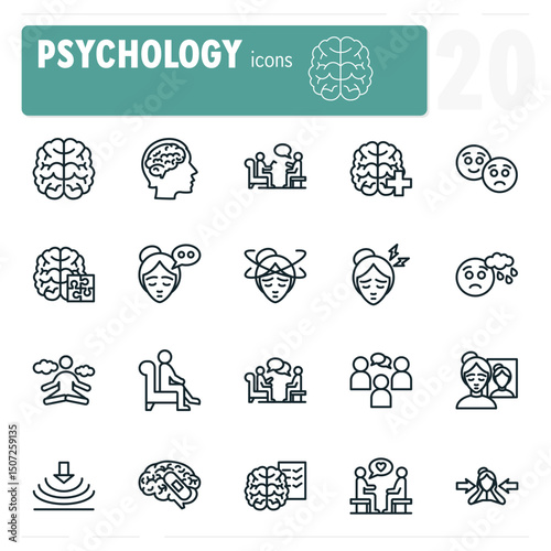 Psychology line icons showing mental health treatment and emotions