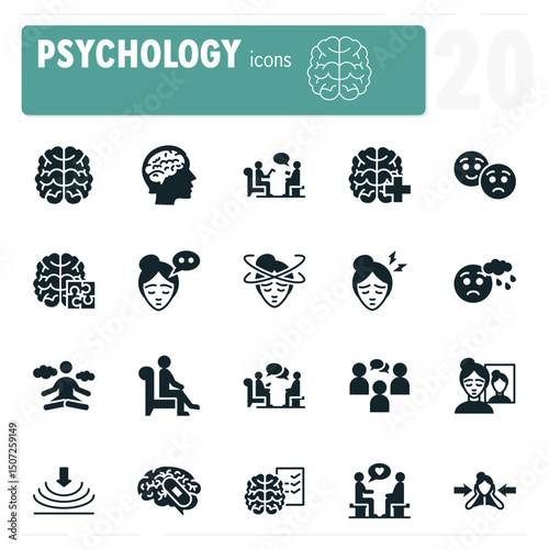 Psychology icon set featuring patients and therapists having therapy sessions