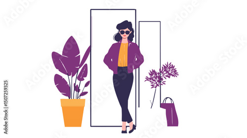fashionable woman with glasses and abstract design elements background

