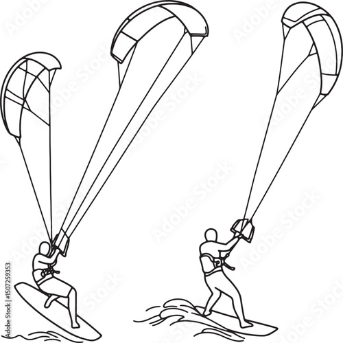 Kiteboarding and Kitesurfing Line Drawings of Riders and Kites