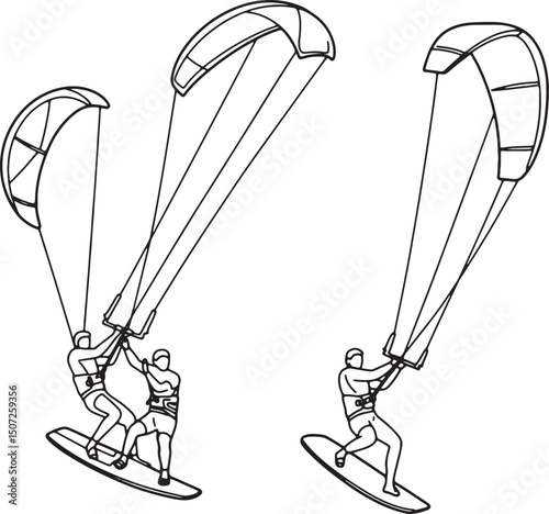 Dynamic Kiteboarding Duo Line Art Illustration of Extreme Watersports