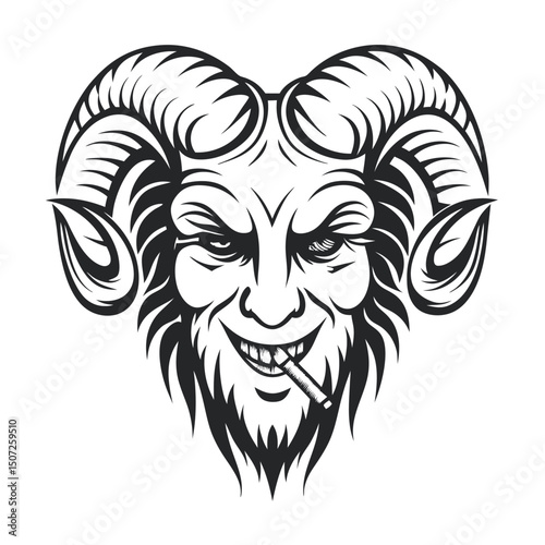 Detailed illustration of a smirking ram head with cigar, black on white background, evoking a sinister, edgy, or rebellious theme.                    