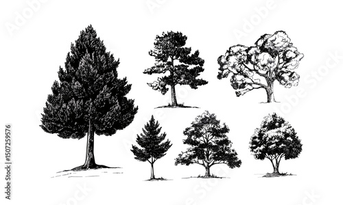 Cedar tree, scenic mountain, forest silhouette, hand-drawn wild tree, nature clipart, summer design, tree vector, vector illustration, outdoor landscape, wilderness, botanical art.