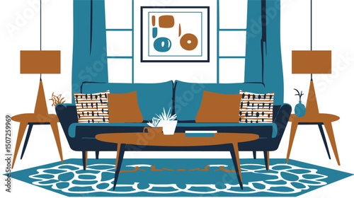 minimalist modern living room interior line art with plants